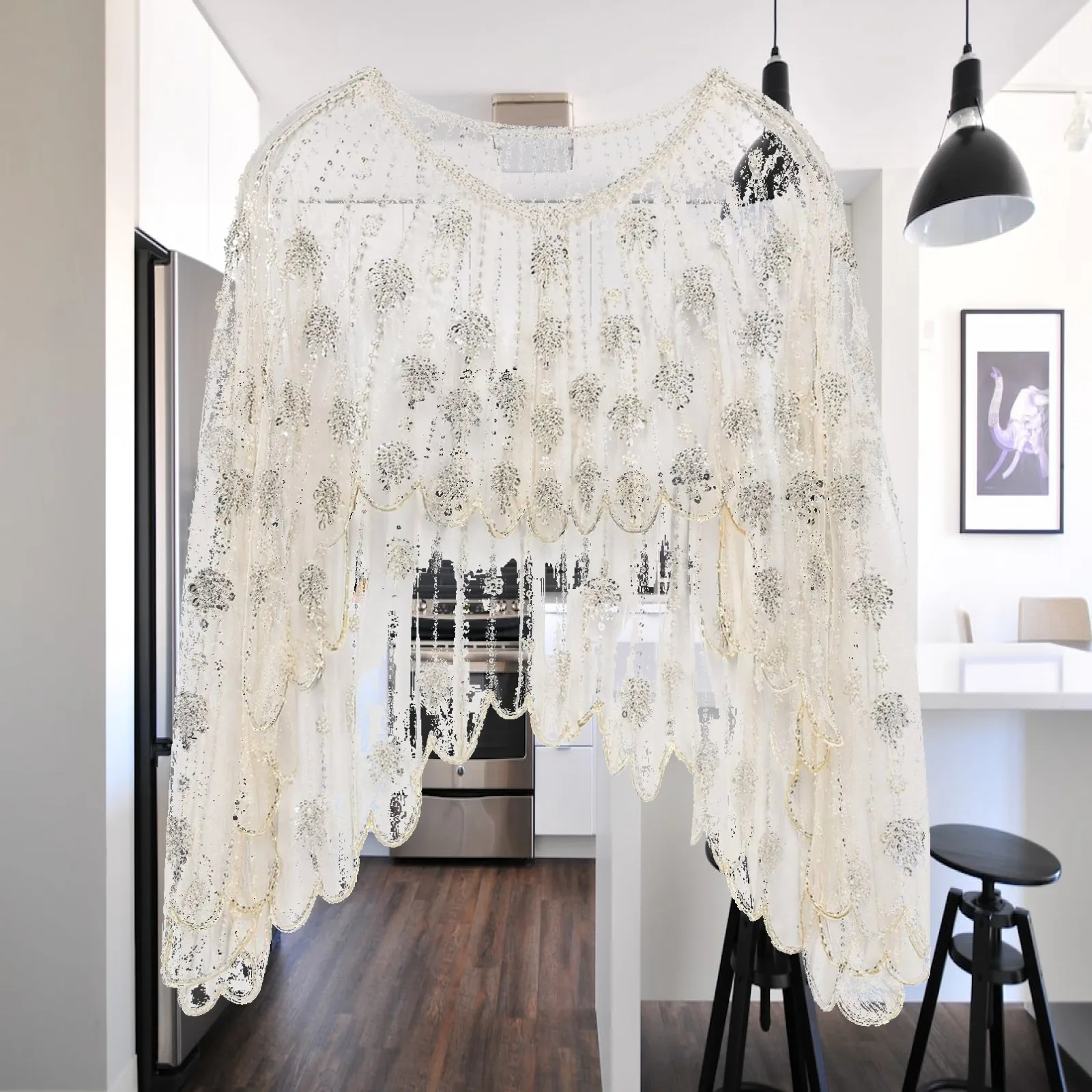 Female Sheer Sparkle Cape Wrap with Long Sleeves Rounded Neckline for Gala Evening Look