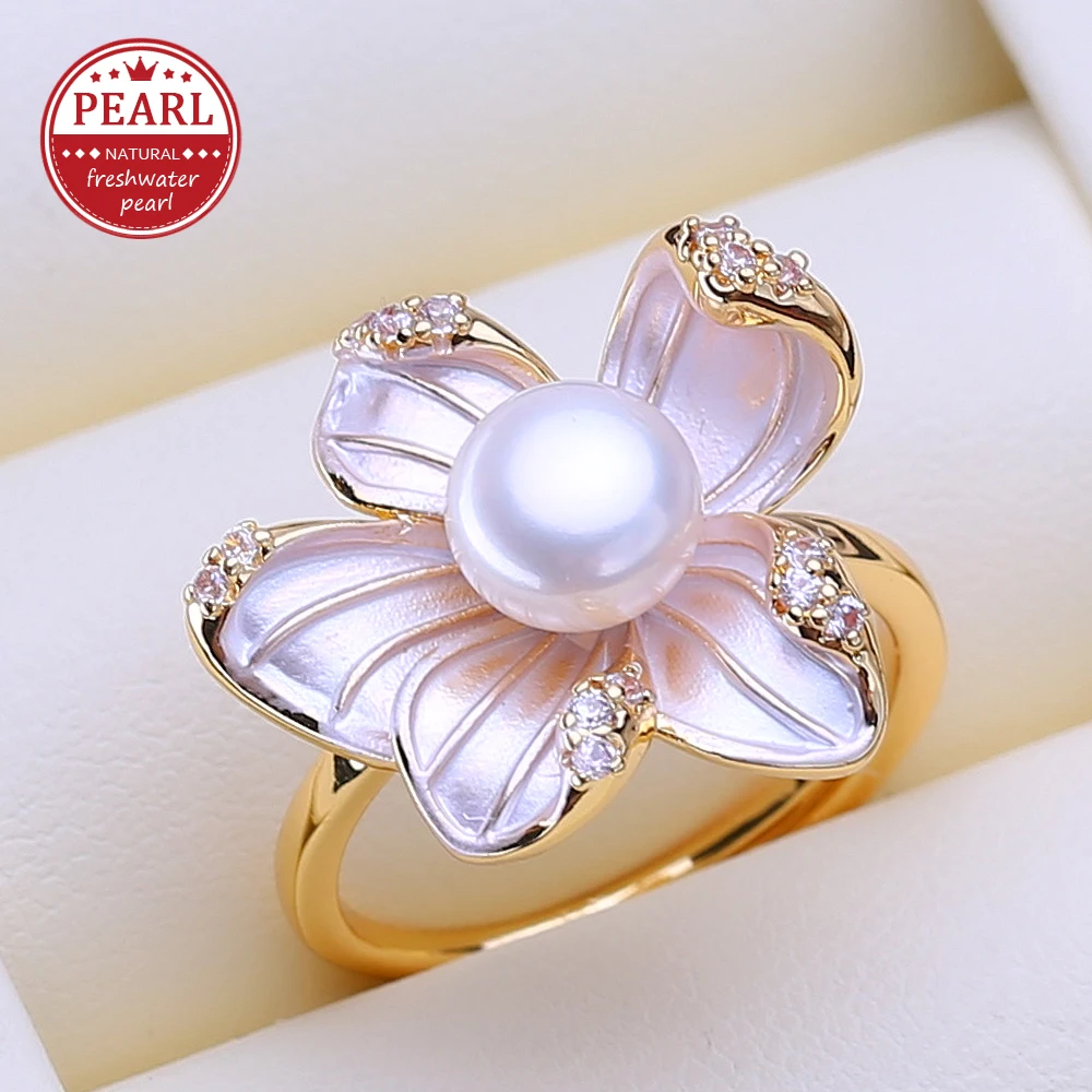 FENASY Natural Freshwater Pearl 18K Gold Plated Adjustable Rings for Women,Suitable for Daily Wear and Party,Gifts for Birthday