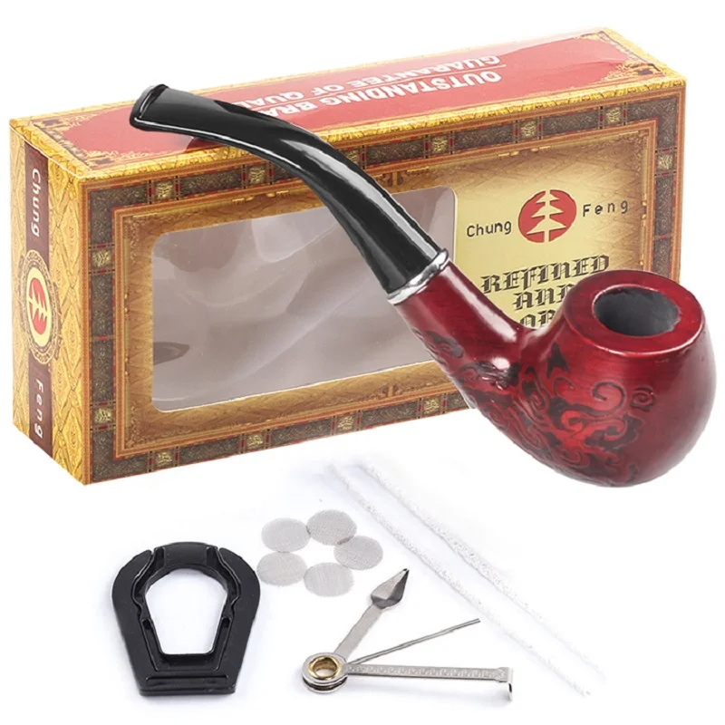 

Red Carved Wood Smoking Pipe Set Retro Tobacco Pipe With Filter Send Pipe Tools Smoke Accessories Portable Men's Gift CF-705.