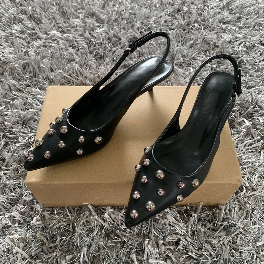 

Новинка весны 2024, брендовые женские сандалии, модные женские элегантные туфли с острым носком и заклепками, туфли-лодочки на тонком высоком каблуке