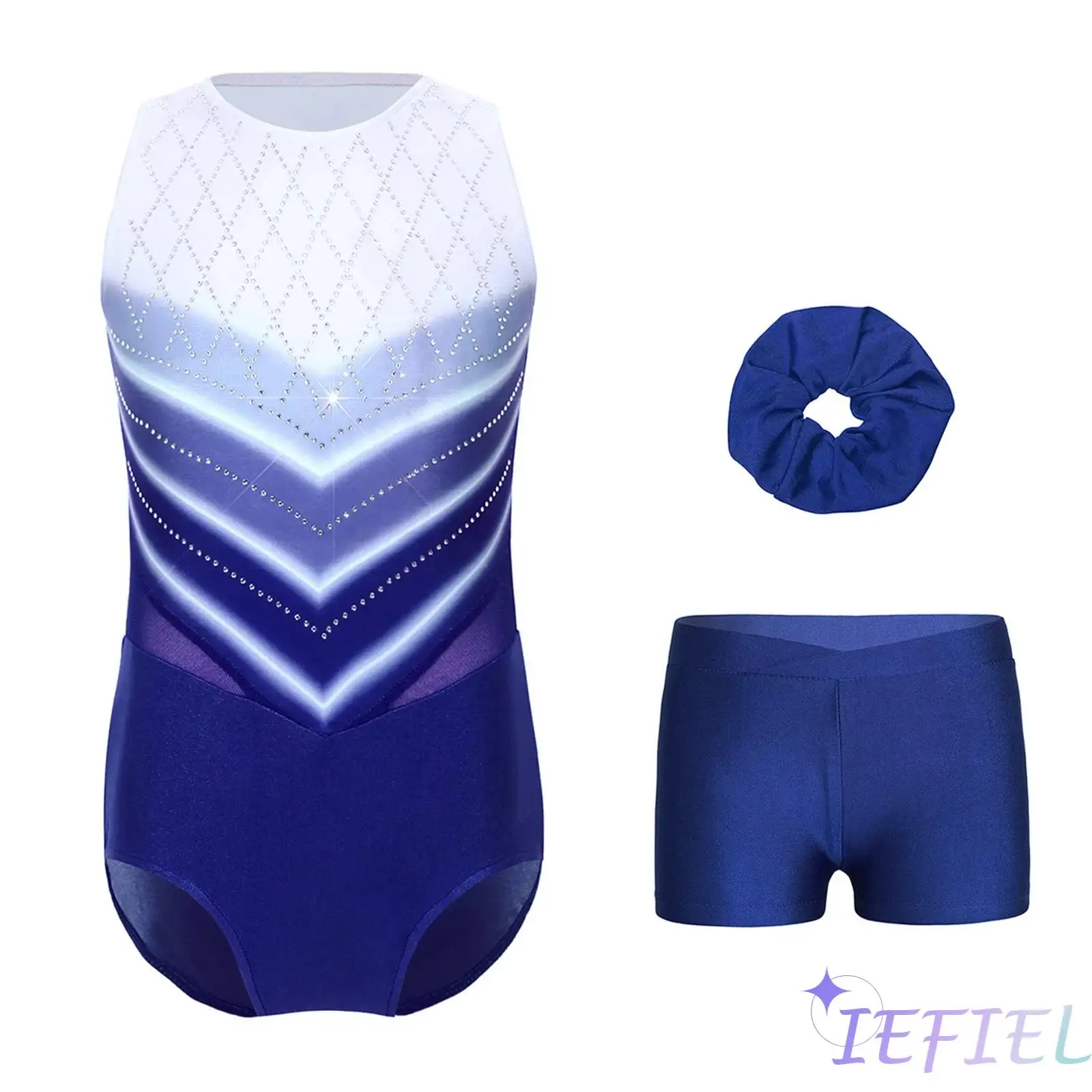 

4Pcs Kids Girls Lyrical Ballet Dance Costumes Sparkly Rhinestones Jumpsuit Gymnastic Leotard+Shorts+Long Pants+Hair Tie Set