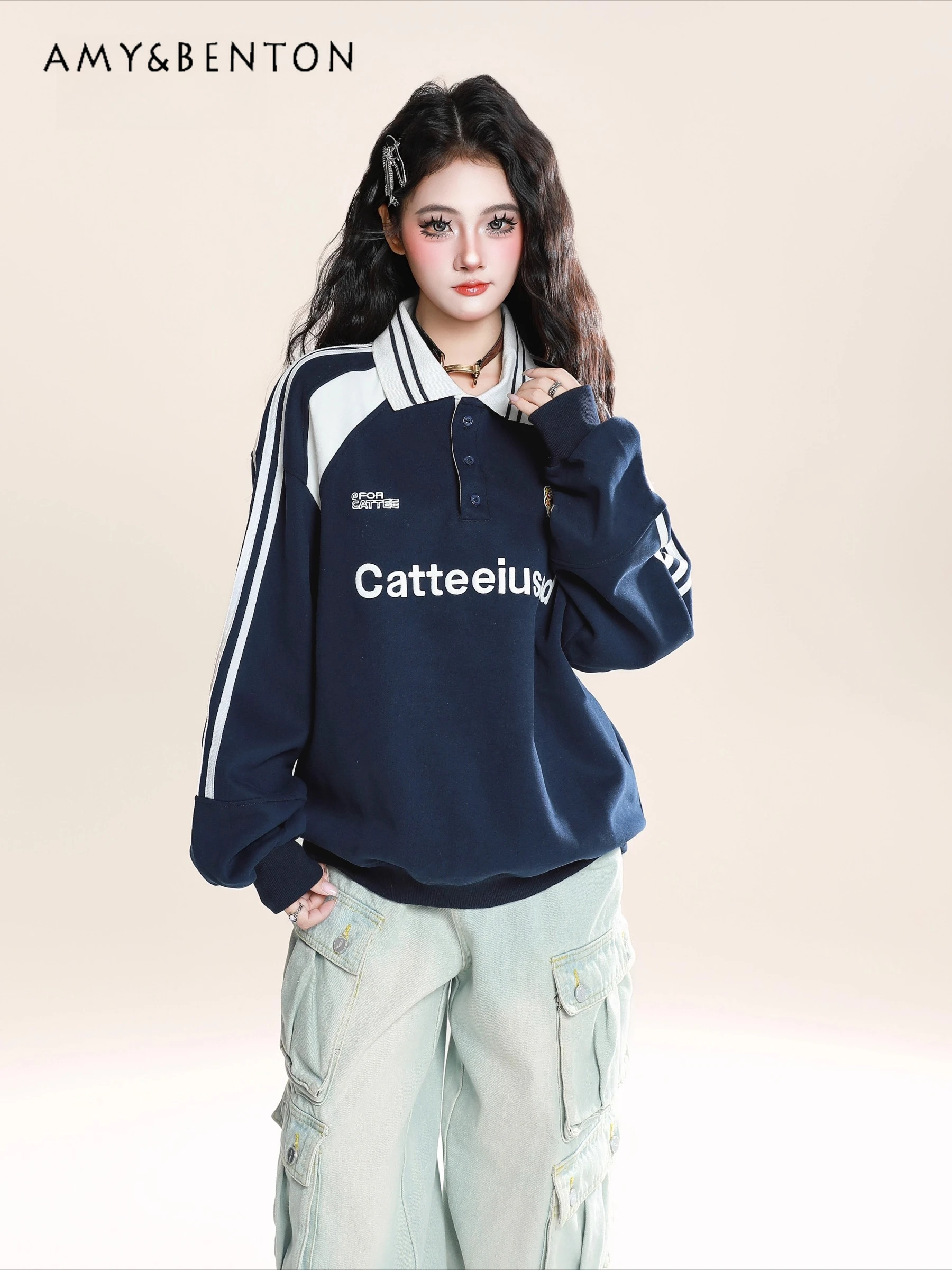 

2025 Spring and Autumn New American Retro College Style Polo Collar Gray Hoodie Couple Dark Blue Pullover Long Sleeve Loose Top