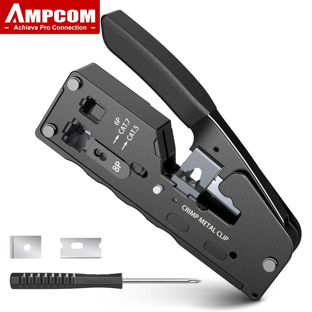 AMPCOM rj45 Crimper CAT7 Crimping Tool for Pass Through RJ11 RJ 45 Connector CAT6 CAT5E Modular Plugs With Wire Stripper Cutter