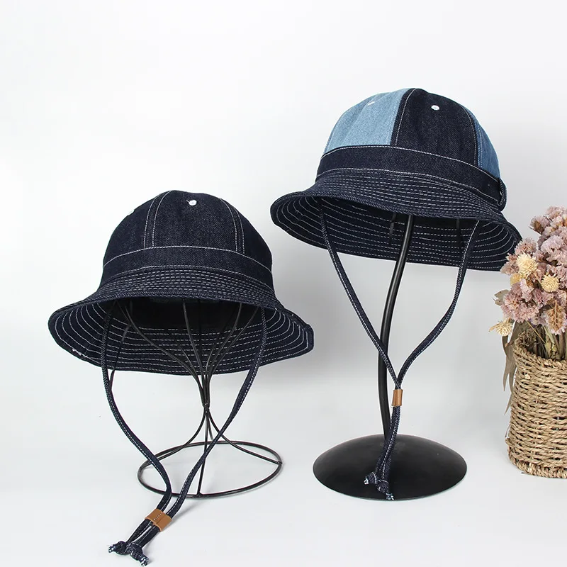 Summer outdoor beach travel adjustable wind rope basin Panama hat for men and women retro wide brim splicing hat denim fisherman