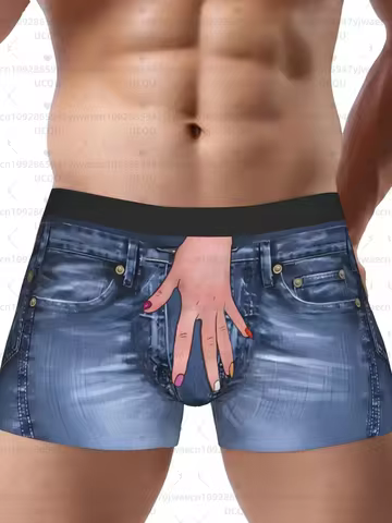 Men's Funny Blue Boxer Briefs Playful Hand &amp; "WORLD PEACE" Print Underwear Wear Novelty Boxer Shorts Comfortable Underwear