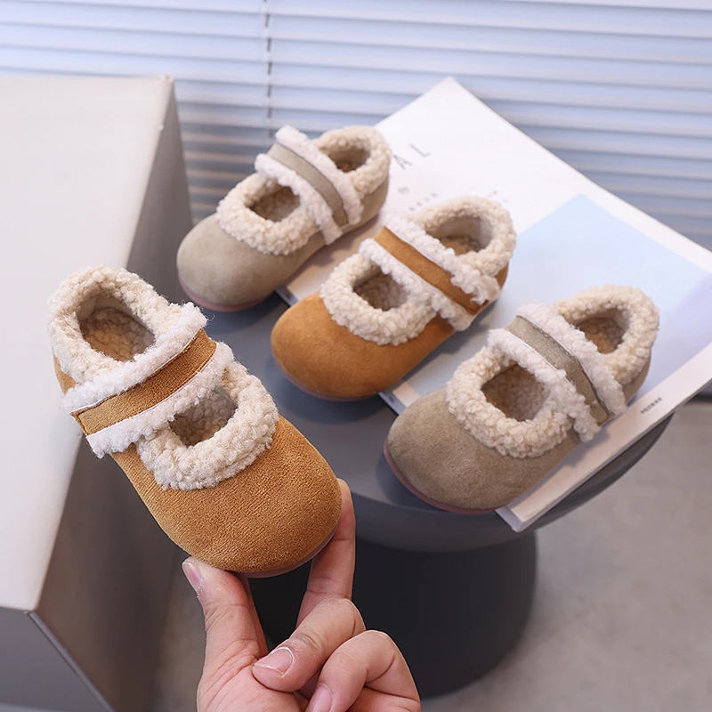 Kids Flat Shoes with Fur Soft Sole Girls Princess Shoes Cute Round Toe 2024 Winter New Children Warm Shoes Non-slip Temperament