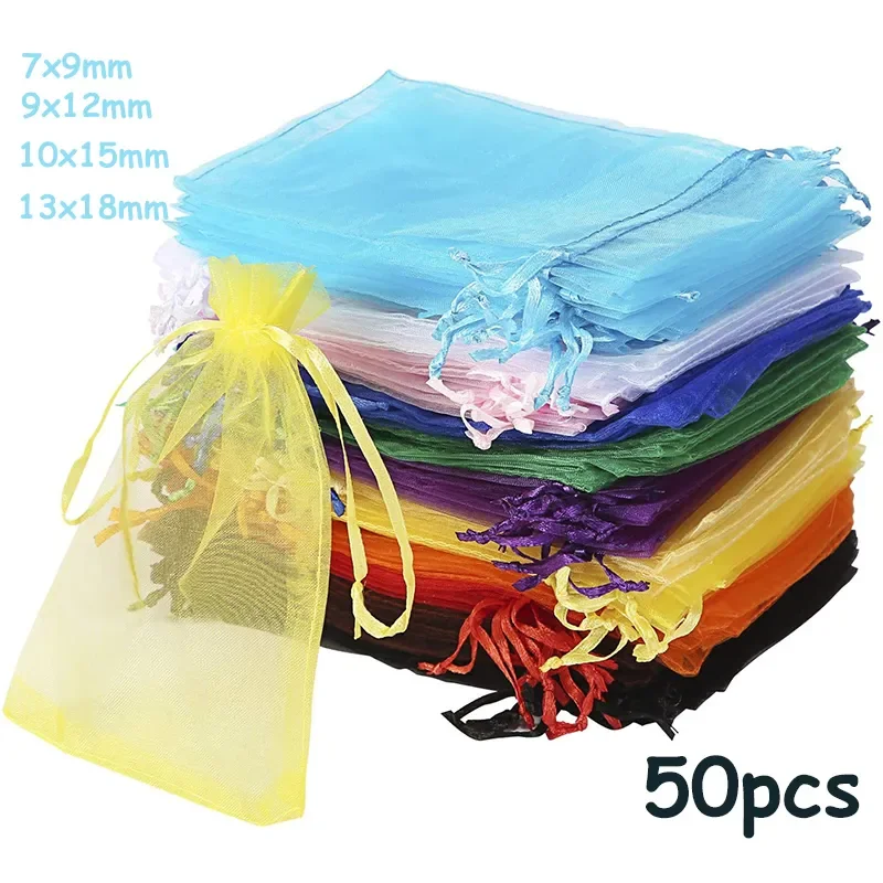 Wholesale 50pcs/lot Adjustable Organza Bag 5x7cm 7x9cm 9x12cm 10x15cm Drawstring Jewelry Packaging Candy Wedding Gifts Pouches