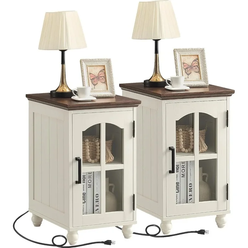 

Set of 2 Narrow Side Tables with Charging Station, Nightstands with Glass Barn Door Storage, Modern End Tables and Cabinet