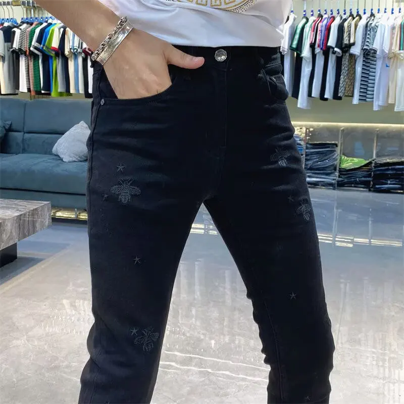 

Черные потертые прямые джинсы, мужские модные брендовые высокоэластичные облегающие длинные поступления в Корейском стиле