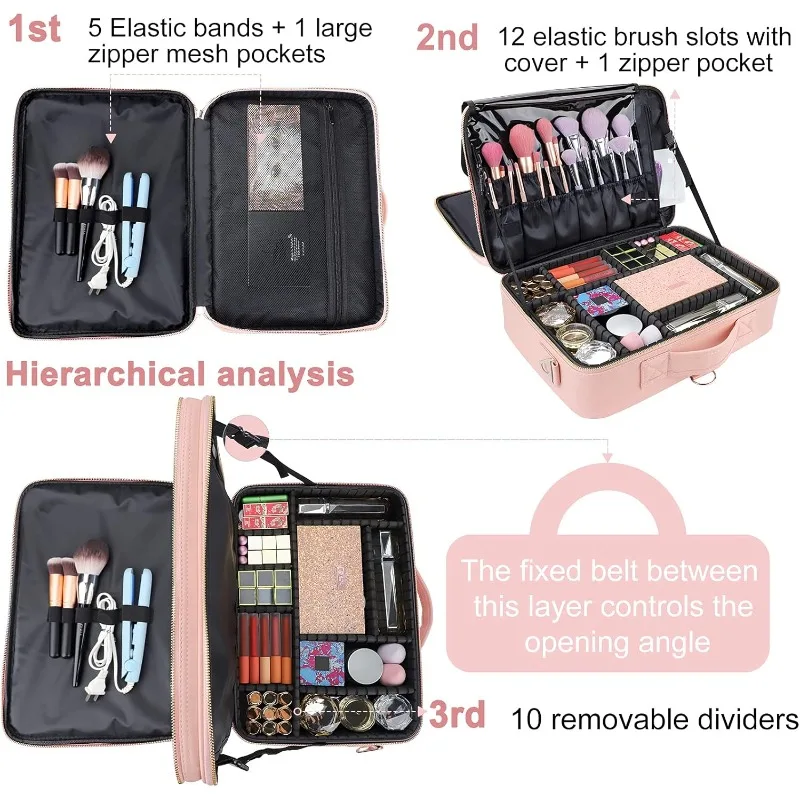 Travel Makeup Box Portable Makeup Train Box Storage Cosmetic Bag with Adjustable Dividers and Shoulder Straps