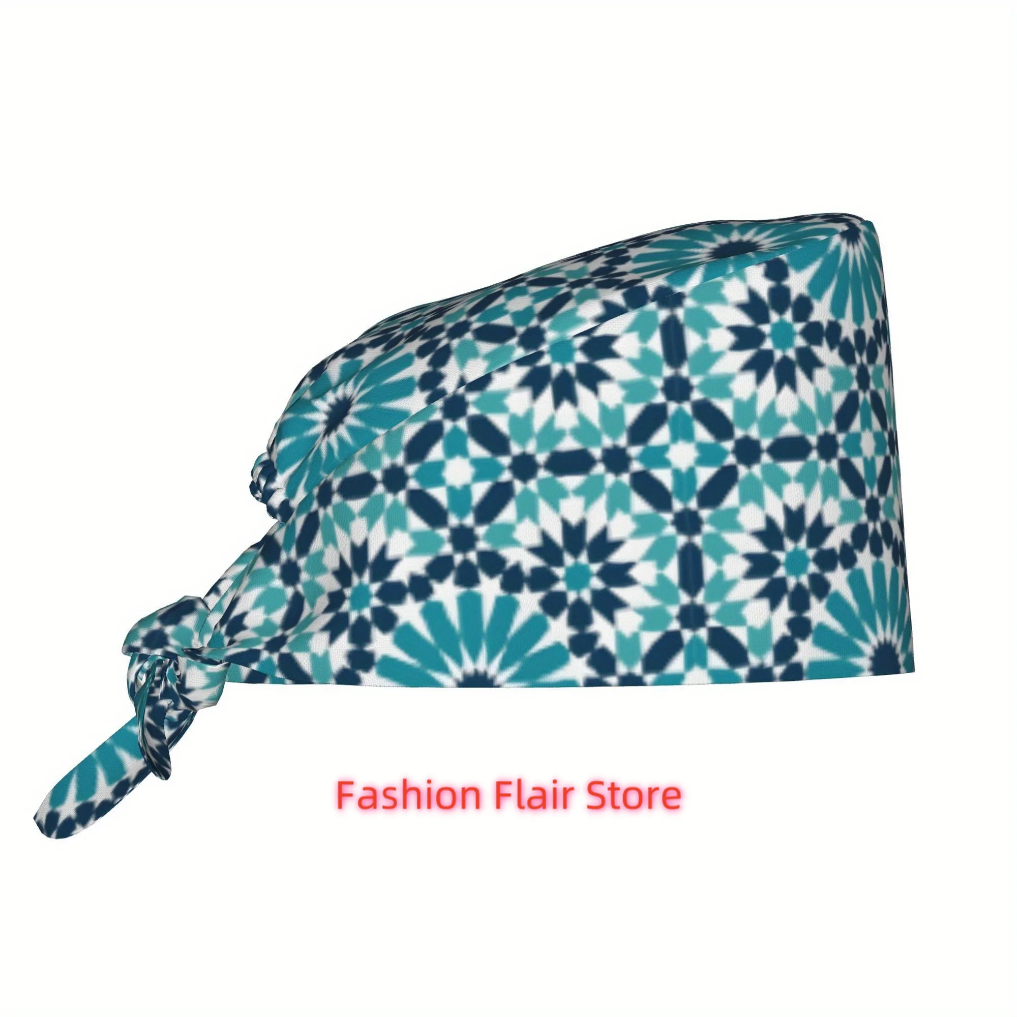 1pc Geometric Pattern Unisex Stylish Printed Work Cap - Lightweight Adjustable Skull Cap Tie-Back Nurse Hat, Dustproof Chef & Co