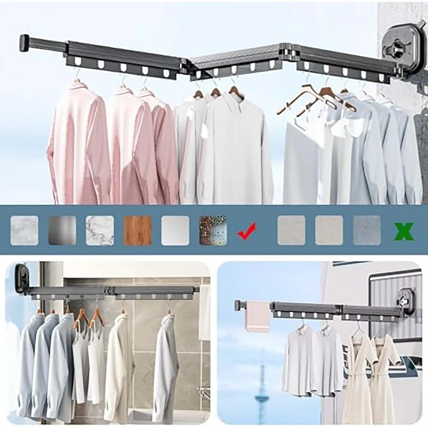 Grau/weißer ausziehbarer Wäscheständer aus Aluminium mit Saugnapf, kein Schlag, Wandmontage, tragbar, zusammenklappbar, für Zuhause und Reisen – Detail 2
