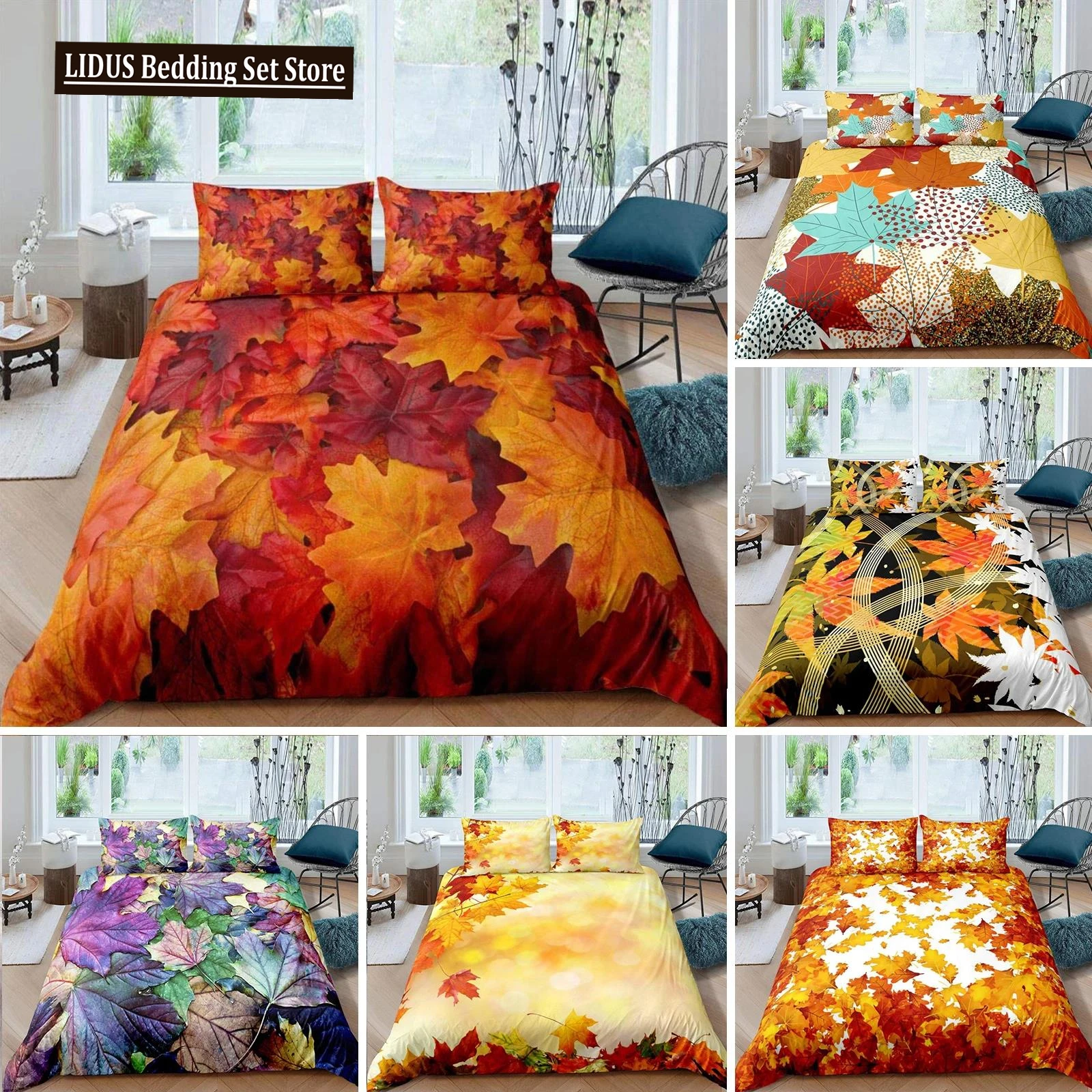 

Maple Leaves Duvet Cover Set Colorful Autumn Season Maple Leaves In Unusual Designs Nature Print King Size 2/3pcs Bedding Set