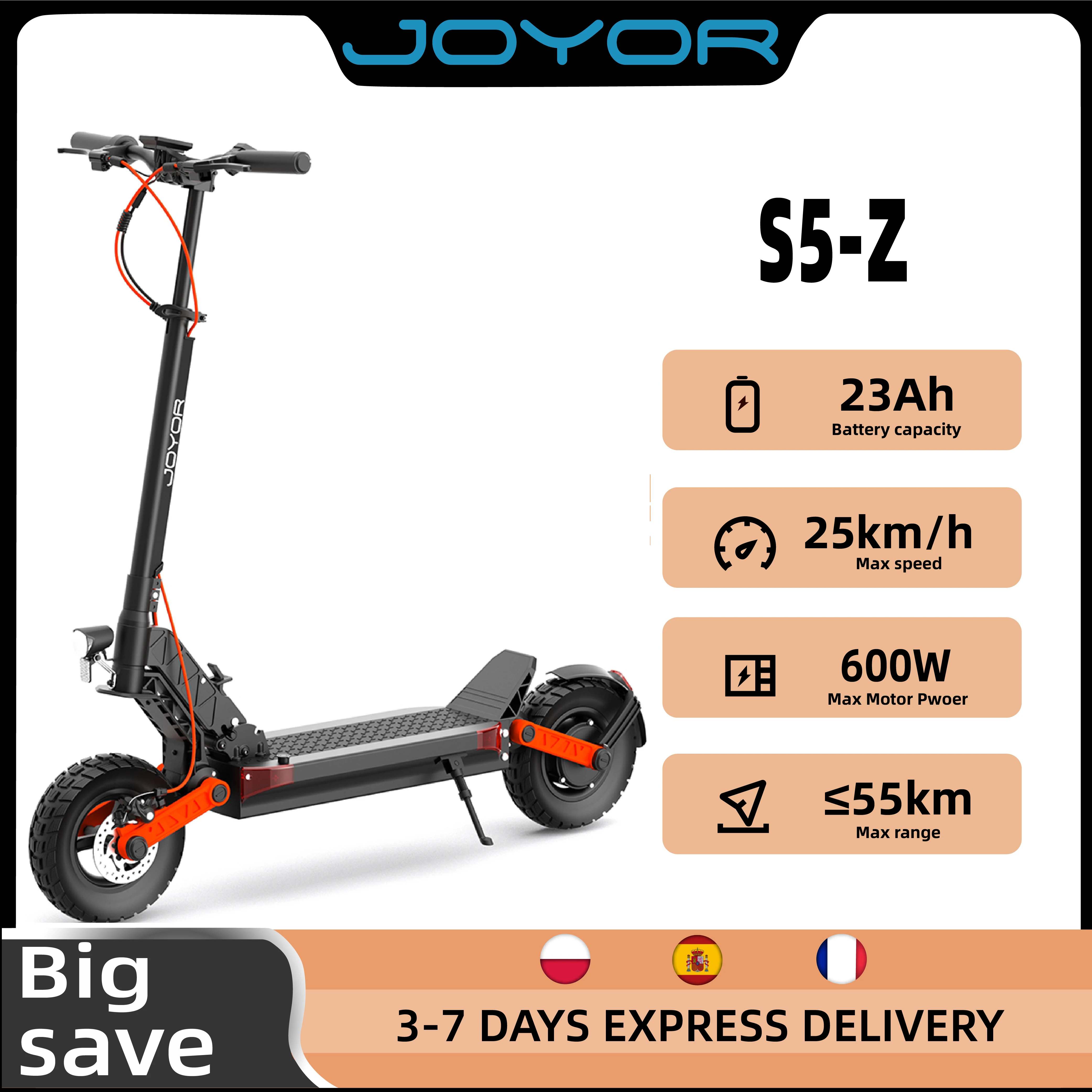 JOYOR S5-Z Scooter électrique, moteur 600W, batterie 48V 13AH Scooter électrique adulte pneus 10*3 pouces, vitesse 25 km/h ville déplacement EScooter
