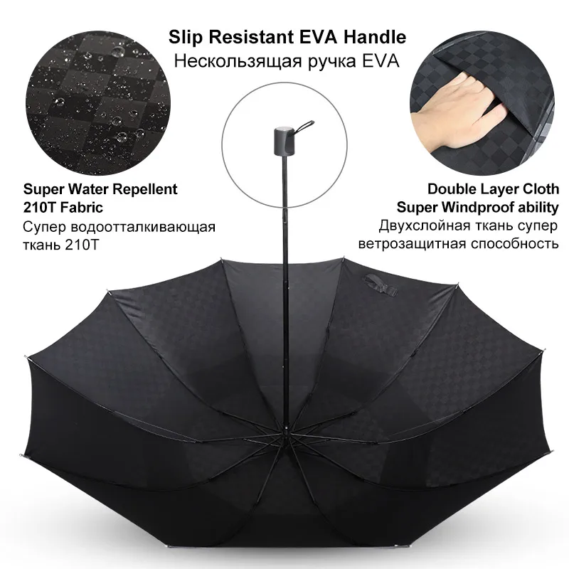 Double Layer 3Folding Umbrella Rain Women Men Big 10K Windproof Business Umbrellas Male Dark Grid Parasol Family Travel Paraguas