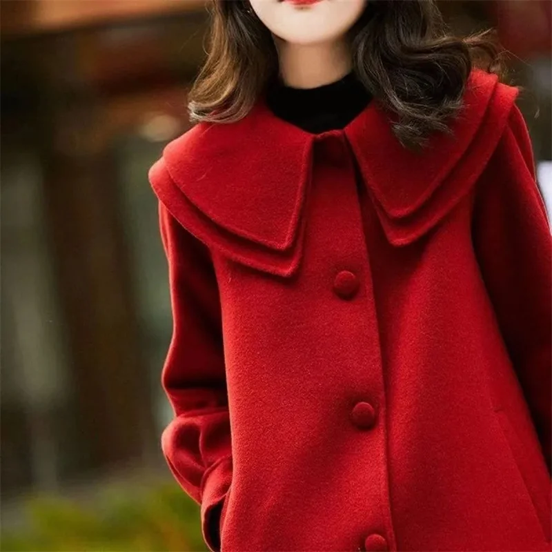 2024 New Autumn Winter Korean Wool Jacket Women Mid length Casual Single Breasted Female Woolen Outerwear Ladies Overcoat