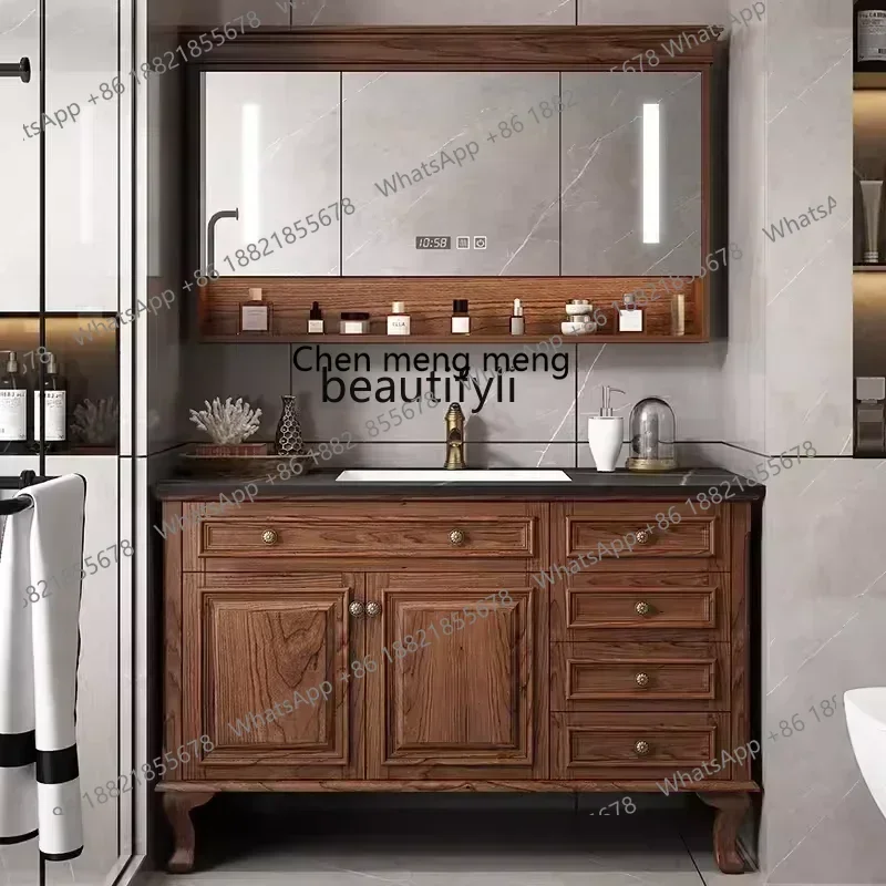 

A 0R Q American Red Oak Stone Plate Bathroom Cabinet Combination Bathroom Table Solid Wood Floor Intelligent Double Basin Wash