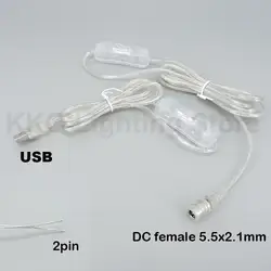 2M 22awg przezroczysty zasilacz USB DC 5-12V kabel męski przełącznik żeński przycisk przedłużenie złącza dla LED pasek światła k