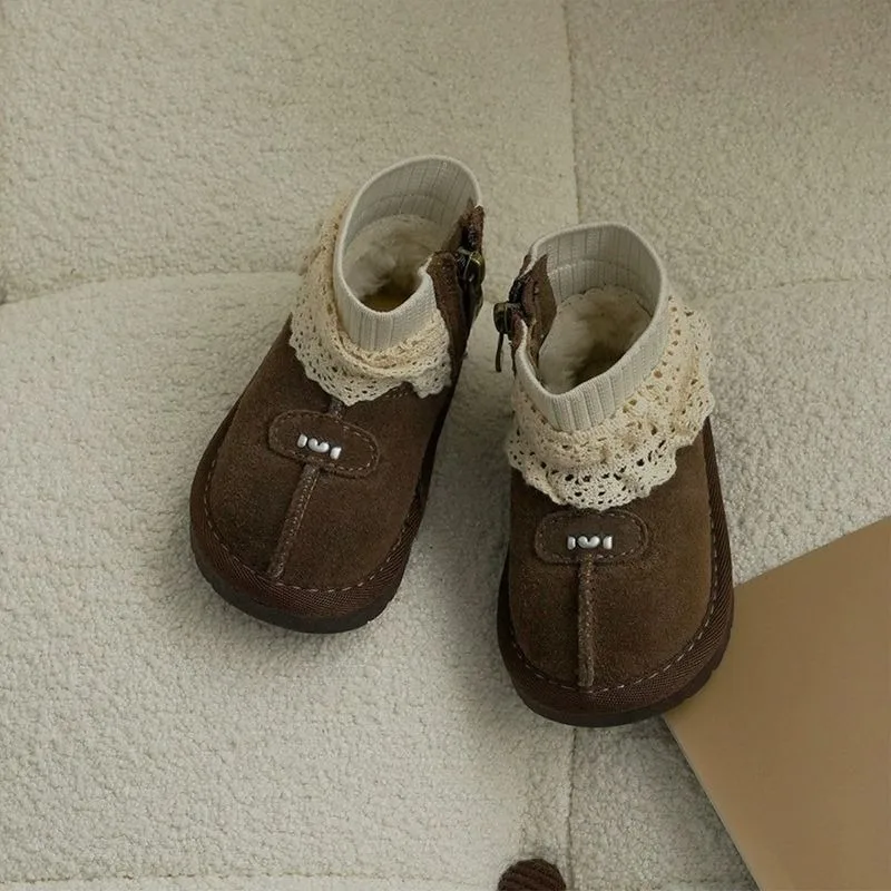 

Winter Girls' Baby Snow Boots Arrival Infant Walking Shoes with Lace Knit Short Insulated Cotton Boots for Toddlers Outdoor Play