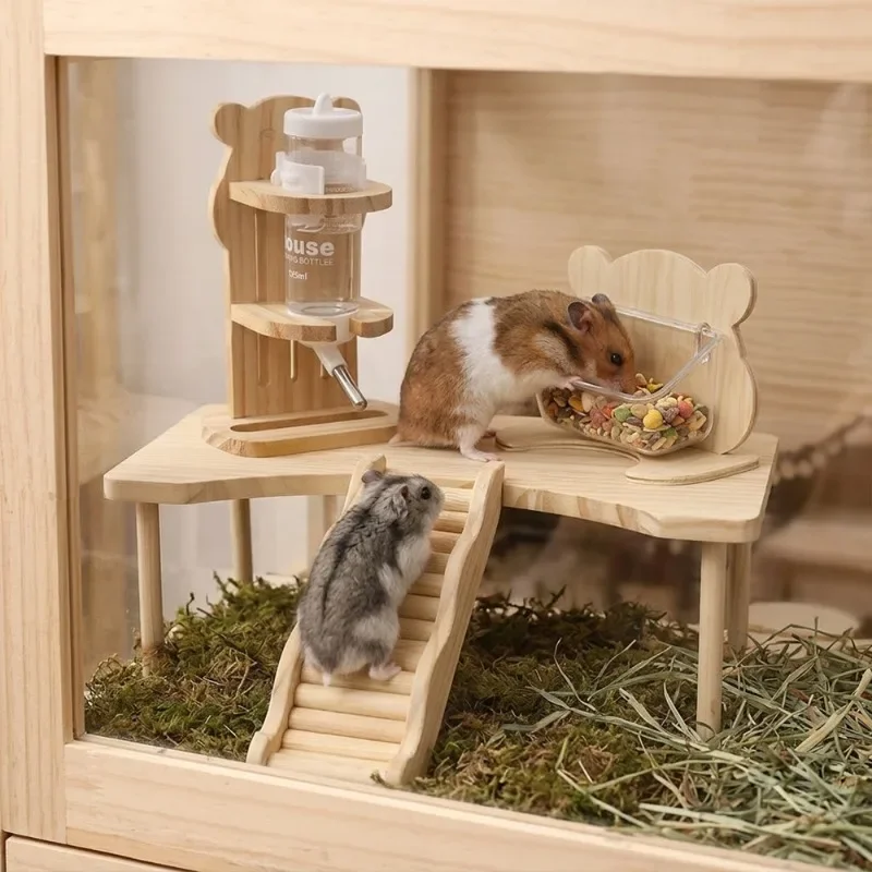Nordic Hamster Wooden Platform Set, Chew Resistant Cage Decor with Water Bottle Food Bowl Ladder for Syrian Hamster