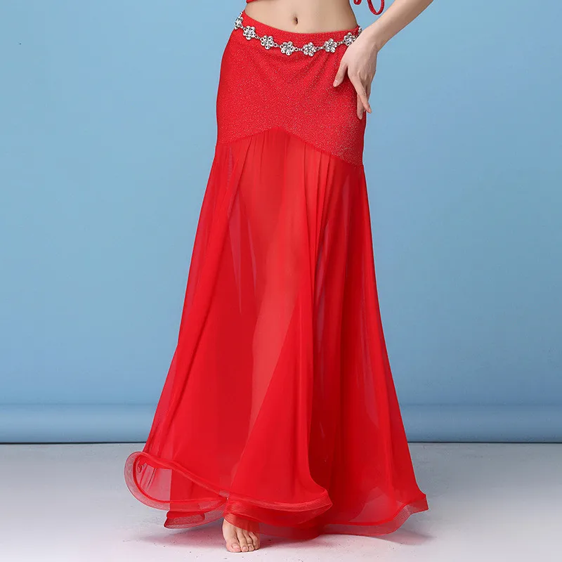 Srebrna spódnica do tańca brzucha z siateczki, kostium dla tancerki, strój tribal, długa spódnica maxi, pełny okrąg, jednolity kolor, odzież taneczna, czarna, czerwona, rozmiar XL, dla dorosłych.