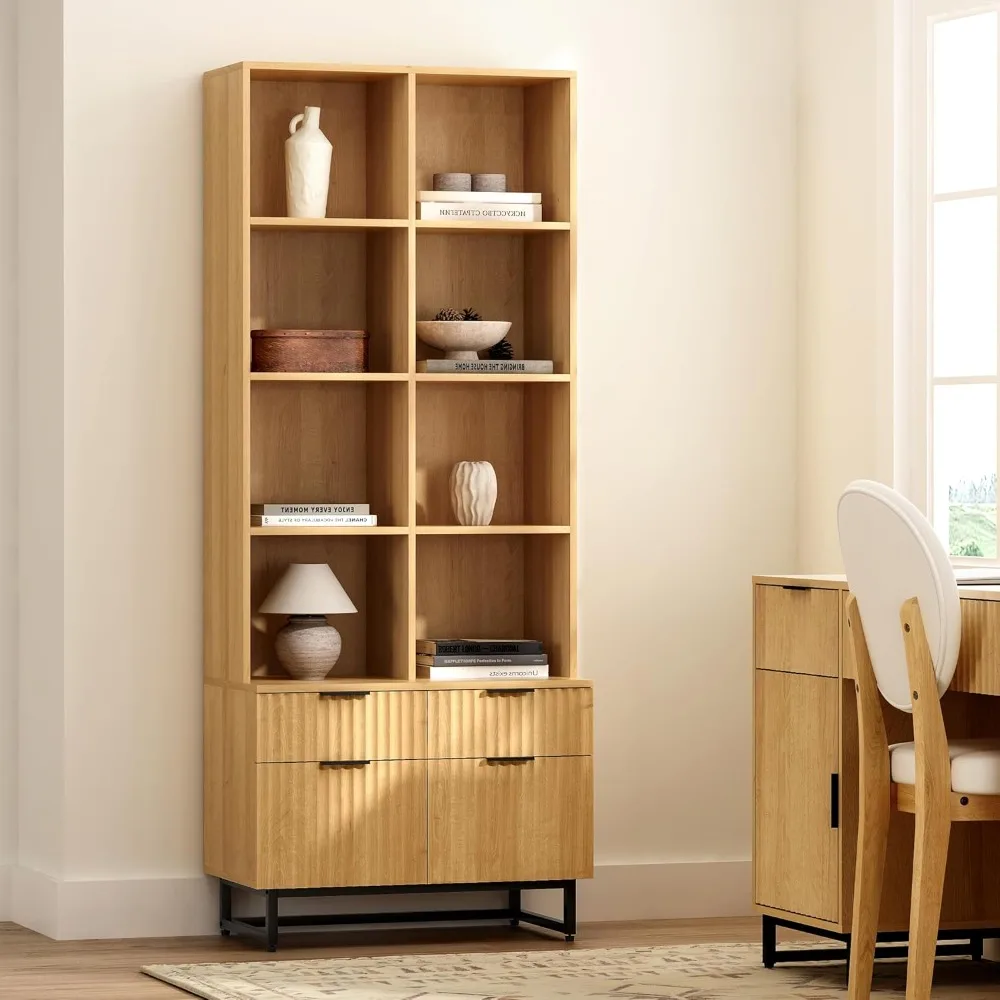 

71" Tall Fluted Bookshelf, Mid Century Modern Kitchen Pantry Storage Cabinet with Drawers and Adjustable Shelves 6 Tier Display