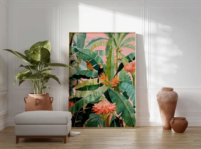 1 pôster retrô tropical em tela, sem moldura, estampa botânica da natureza, folhas de selva, arte de parede para decoração de sala de estar e quarto
