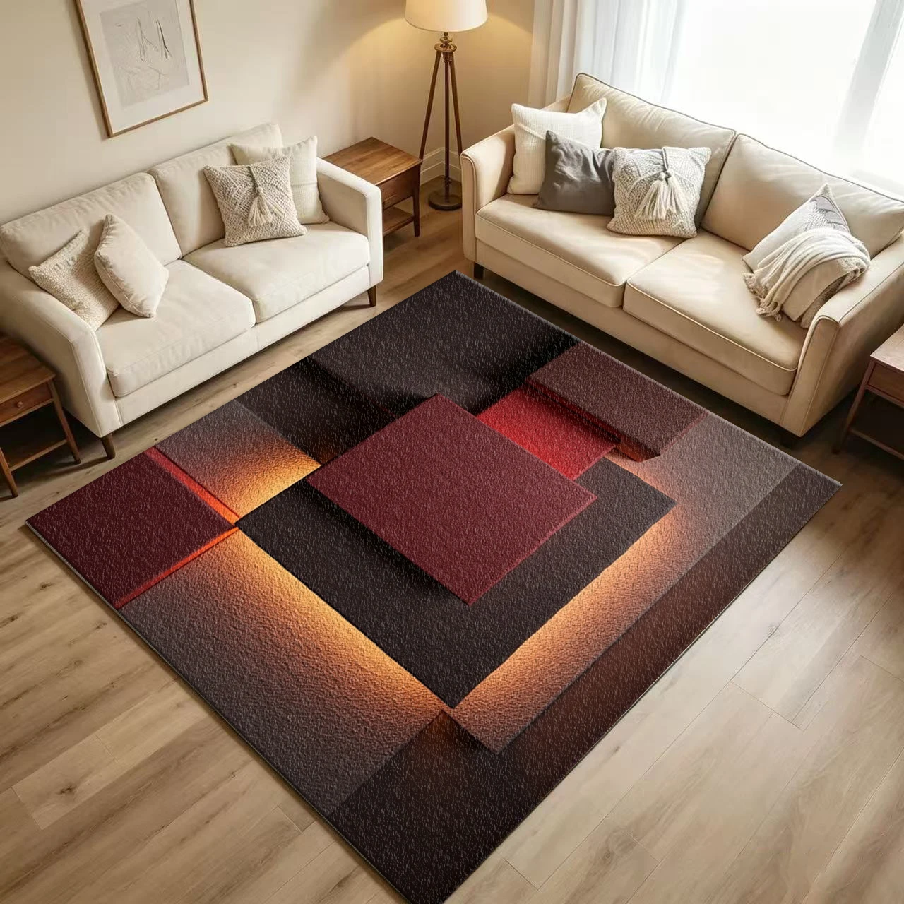 Red Brown 3D Square Geometric Relief Carpet Flooring Warm Modern Decor Rug