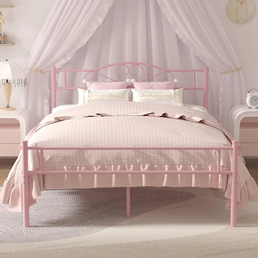 Cadre de lit plateforme en métal pleine grandeur de 14 pouces avec tête de lit et pied de lit, base de matelas robuste, rose