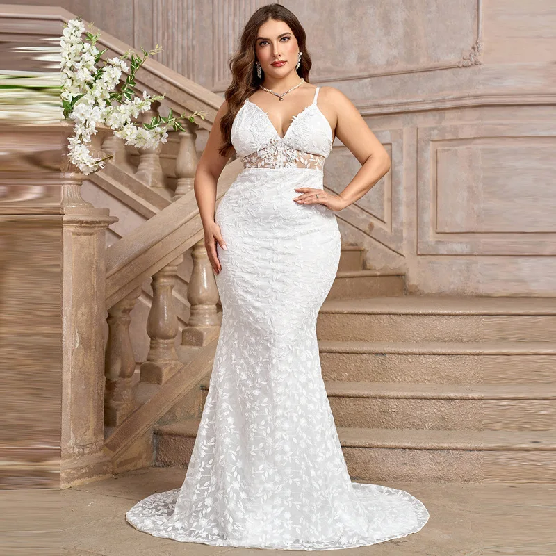 

European 90 and American women's plus size sexy backless lace sling V-neck fishtail wedding dress