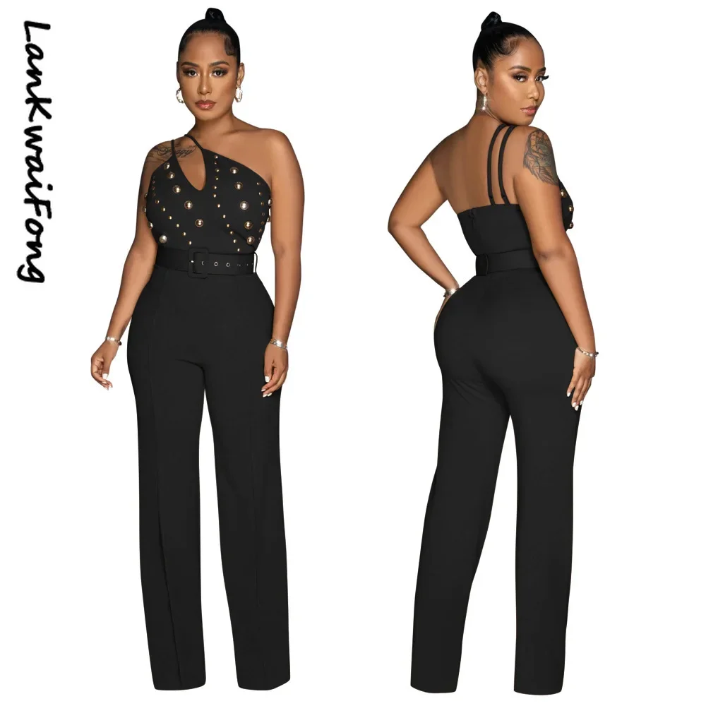 2024 Leisure Party Women\'s Pants Slim Fit One Shoulder Off Back Solid Color Beaded Sexy Elegant Jumpsuit