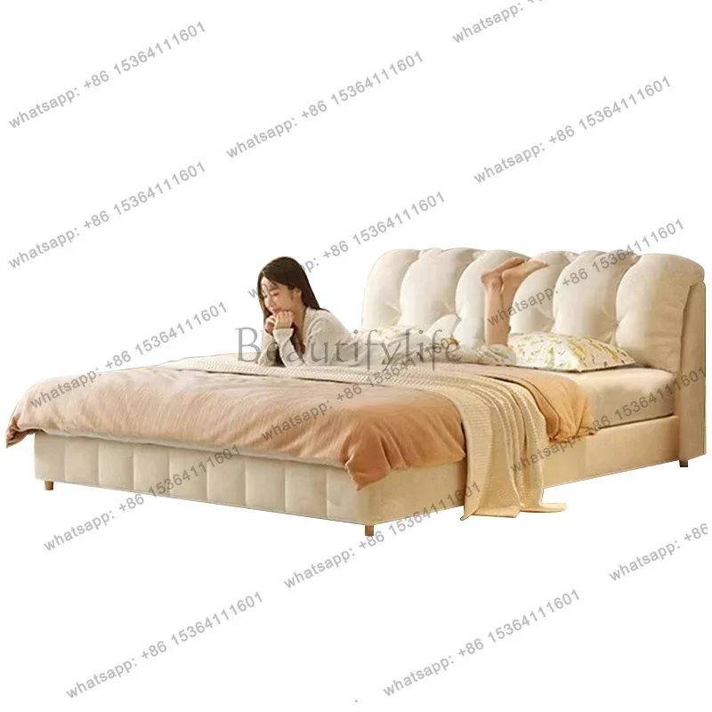 

D33Cream Confortable Bed Minimalist Solid Wood Design Fashionable Princess Bed High Quality Apartment French Muebles Beds Furnit
