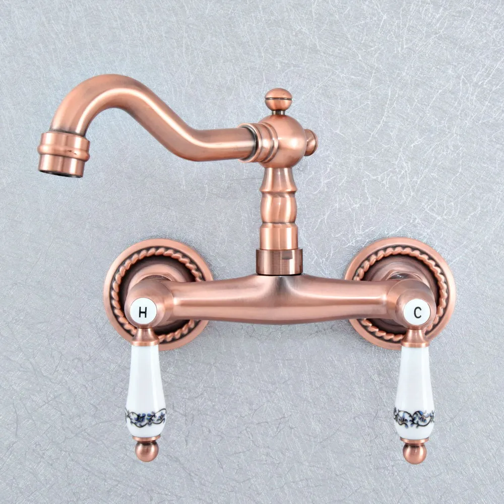 

Antique Red Copper Brass Two Ceramic Handles Wall Mounted Kitchen Bathroom Swivel Spout Faucet Mixer Tap asf891