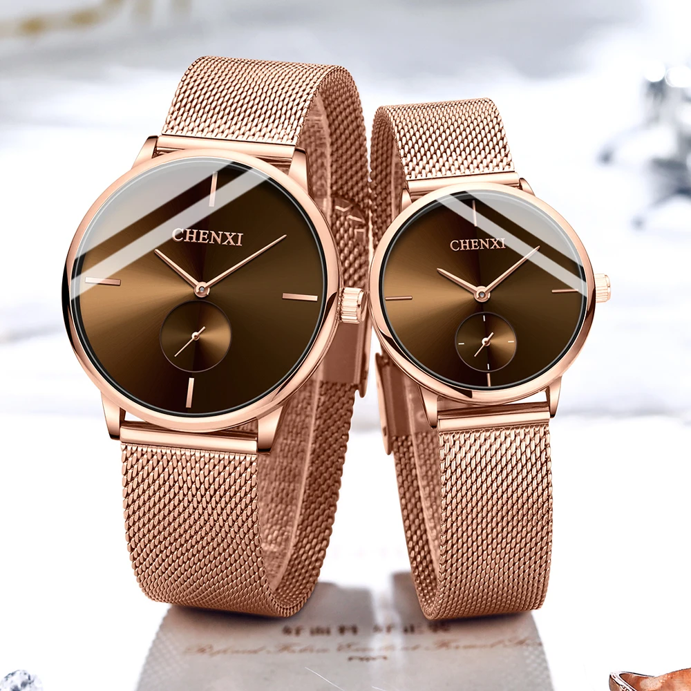 CHENXI الفاخرة للماء الرجال النساء كوارتز ساعة موضة عادية شبكة من الاستانلس استيل حزام زوجين قسط ساعة اليد للهدايا