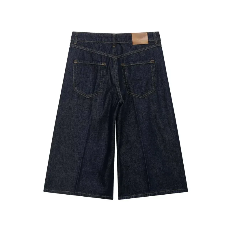 Women's Denim Long Casual Shorts Spring Summer Mid-waist Zipper Pockets Wide Leg Fashion Simple Loose Female Calf-Length Pants