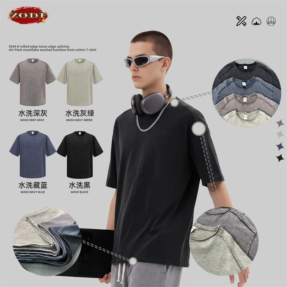 ZODF Retro Man 245gsm Fire Snowflake Washed Slub Cotton T-Shirts Unisex Summer Patchwork Distressed Comfortable T Shirt HY1246
