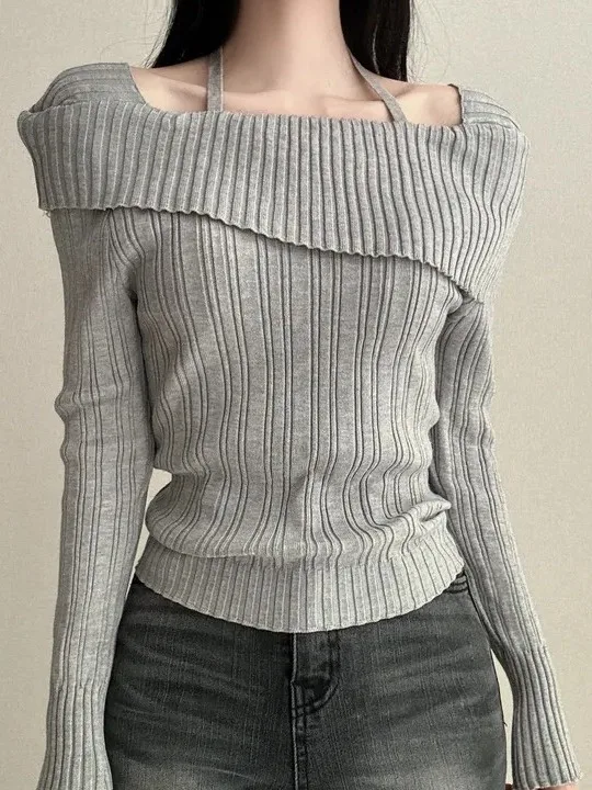 

Korean Sle One oulder Hanging Ne Pure Desire Knitted Sweater Women's Autumn Winter Slim Fit Long Sve irt