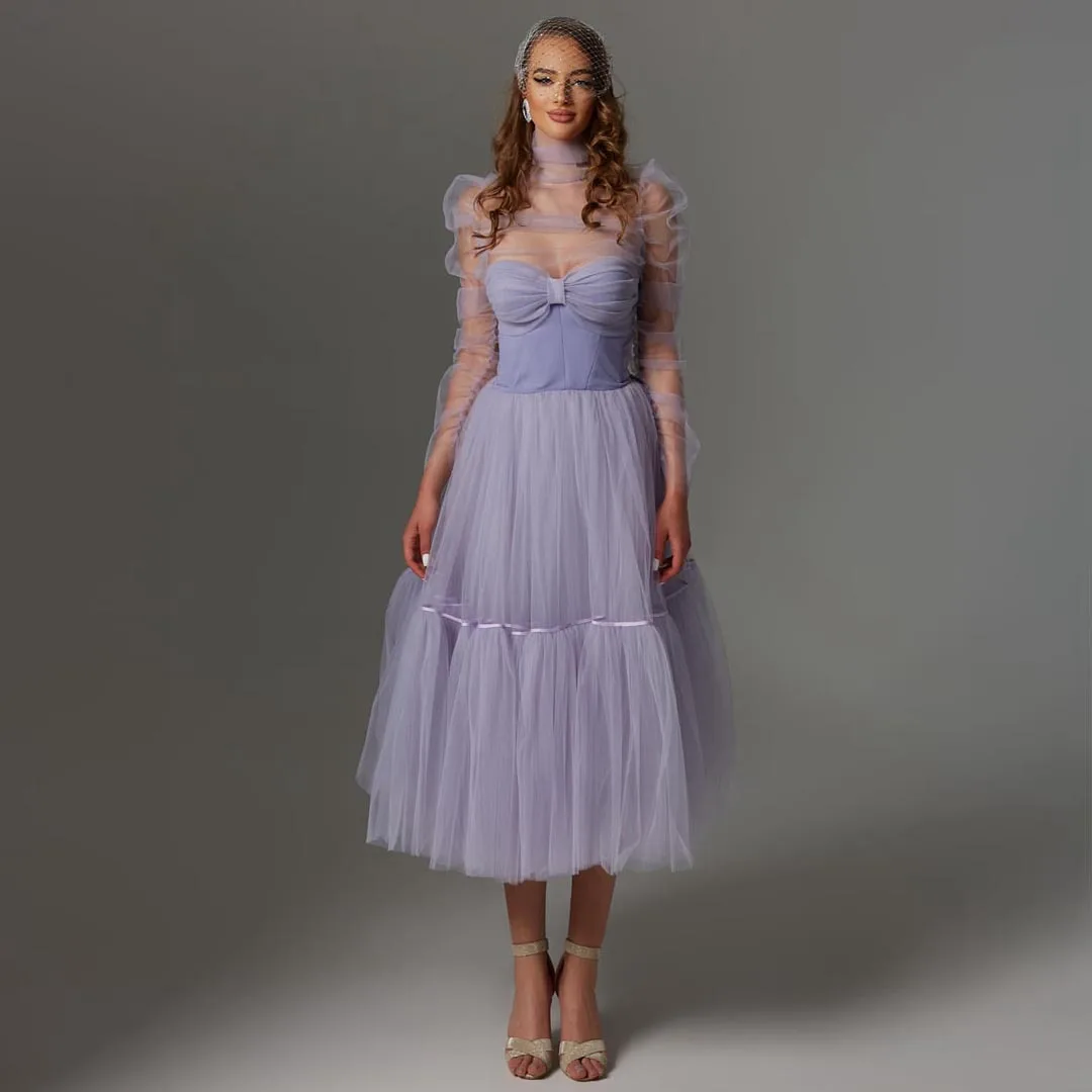 

Pretty Lavender Tulle Prom Dresses Puff Sheer Long Sleeves Midi-Calf Length Evening Gowns Women Formal Dress Summer Maxi Dresses