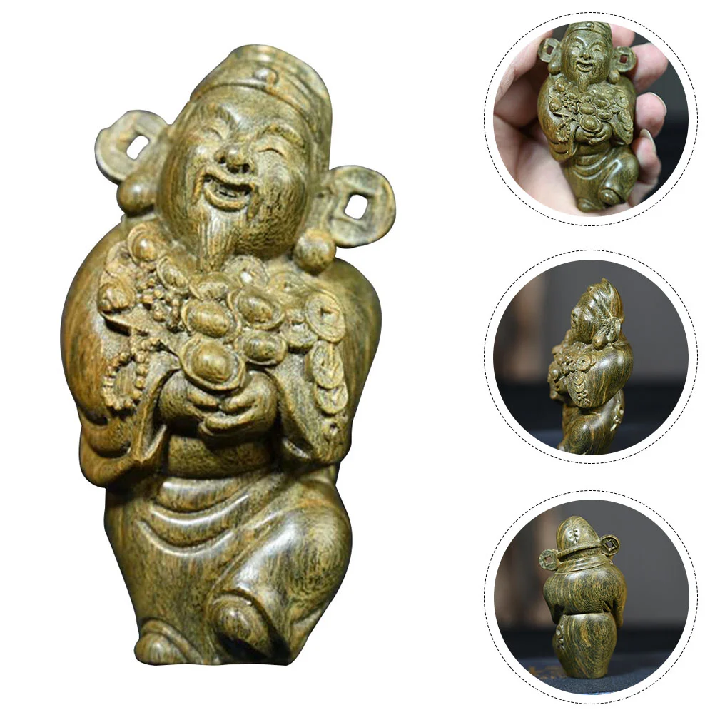 

Wood Carving Ornaments Home Decor Desktop Craft Adornment Indoor Green Sandalwood Carved Wooden Figurine CAI Shen Statue