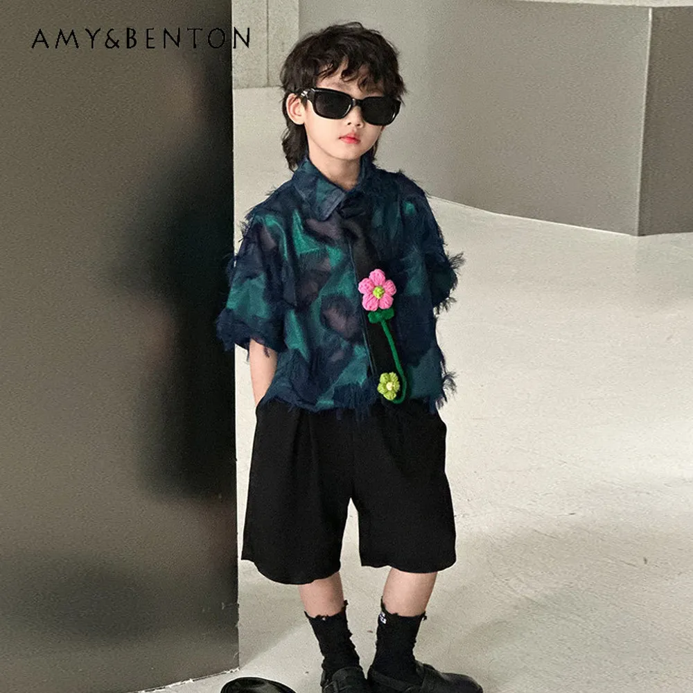 

Handsome Baby Boys Summer New Cool Fashion Short Sleeve Print Shirt and Overalls Kids K-style Flower Girl Dress Catwalk Costume