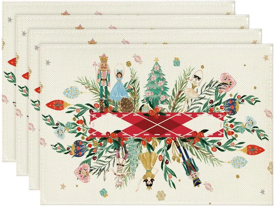 Christmas Nutcracker Holly Linen Placemats Set Table Decor Winter Xmas Holiday Table Mats for Kitchen Christmas Decorations