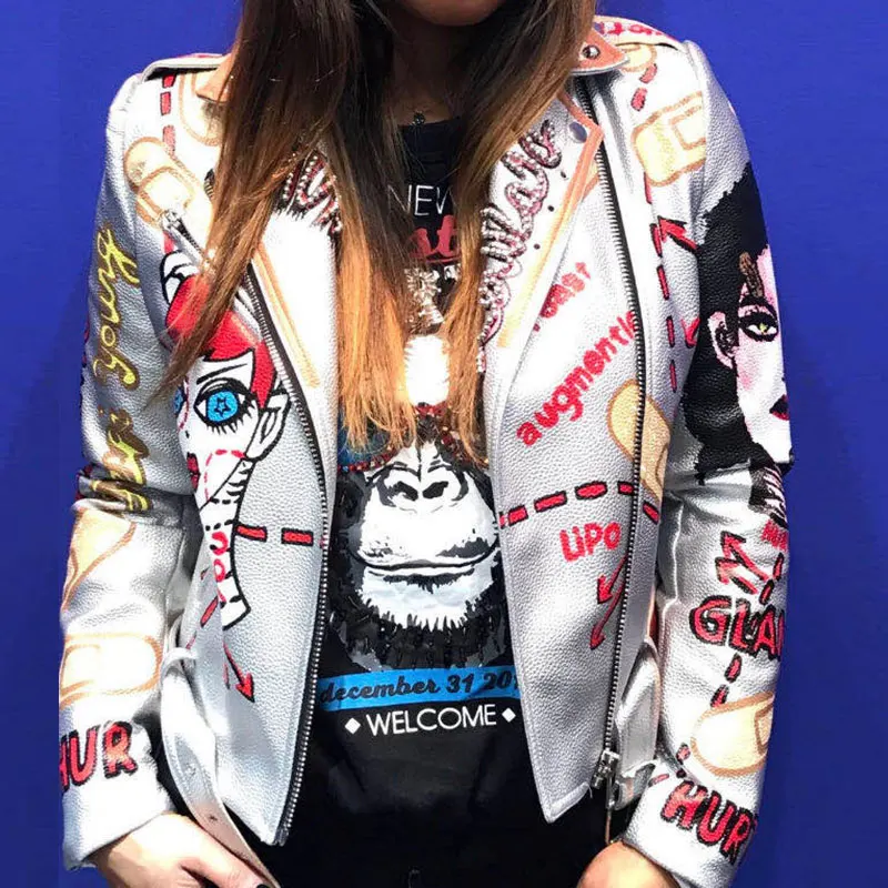 Fashion Sliver Punk Rock Skull Faux Leather Jacket For Women Velvet Personality Graffiti Mike Print Rivet Moter Jacket