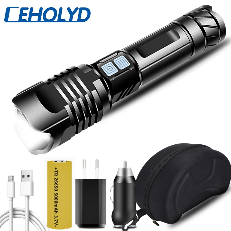 High Quality Powerful Tactical Led Flashlight XHP90.2 Zoomable Torch Usb Rechargeable 18650 26650 Battey Lantern