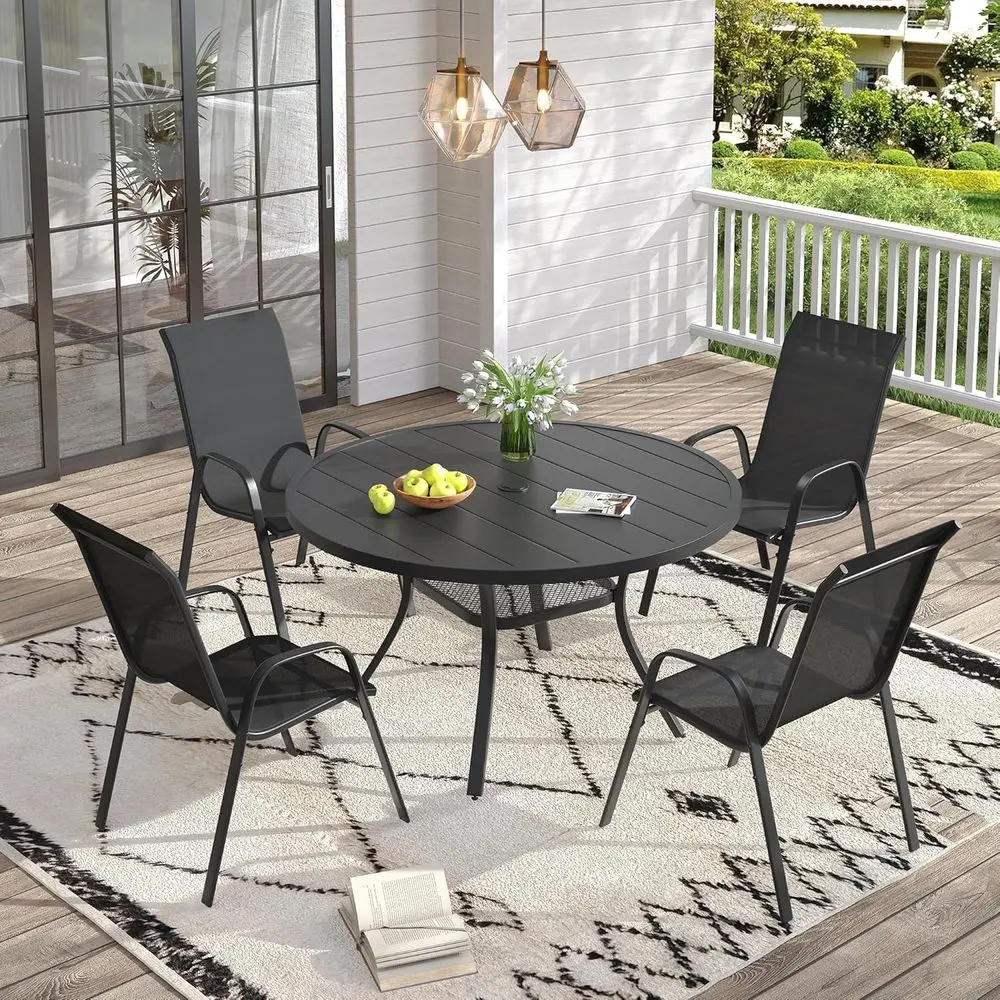

All-Weather 5-Piece Metal Patio Dining Set with 40.6 Round Table and Stackable Chairs for Outdoor Garden Use