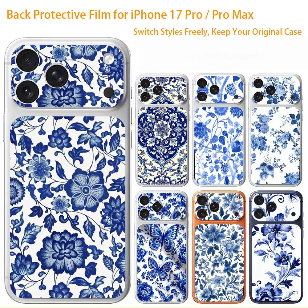 

Blue and White Porcelain Funda Premium Skin Wrap for iPhone 17 Pro/Max, Back Frame Camera Protective Decal (Not Case)