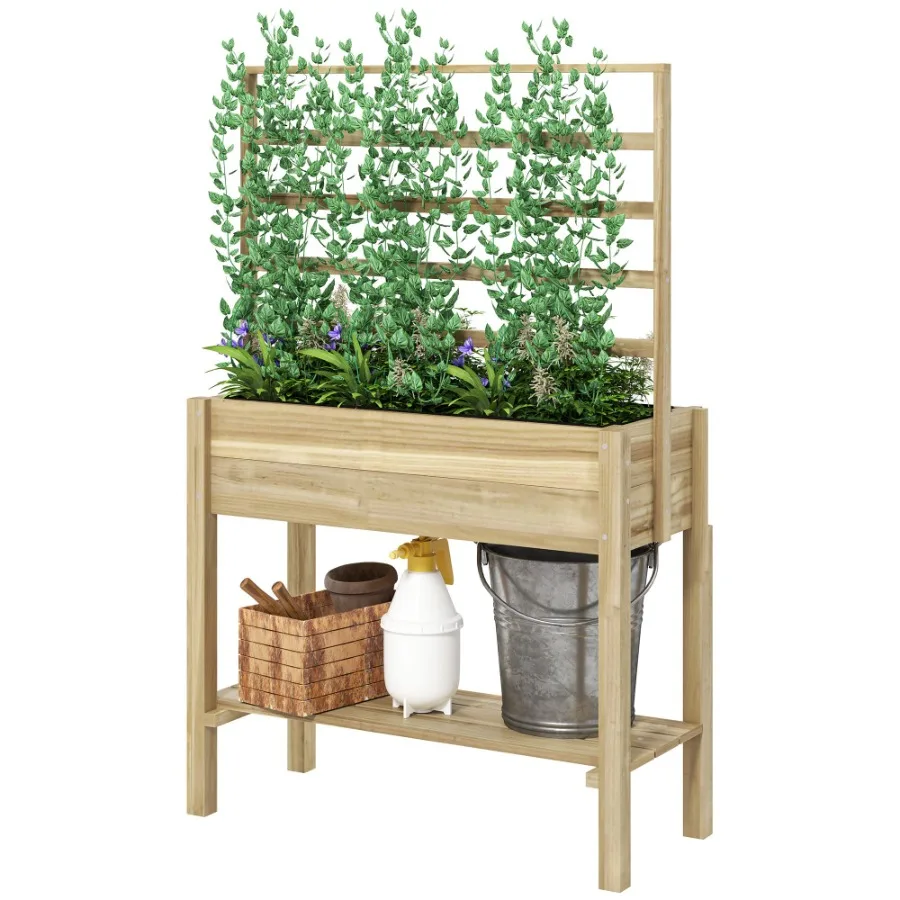 

Wooden Raised Garden Bed with Trellis Outdoor Planter Box with Storage Shelf for Vegetables Flowers Herbs