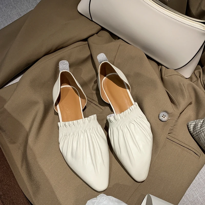 Genuine Leather Pointed Young Lady Streetwear Dating Pleated Solid Korean Girl Leisure Toe Slip on Sandals Women 2022 Summer New