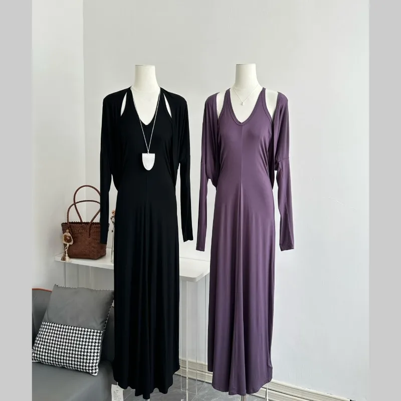 

Retro Suit Women's Spring and Summer Long-sleeved Cardigan Halter Slim Dress Two-piece Set Fashion Female Clothes