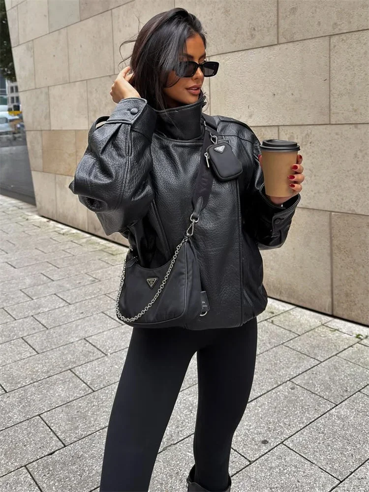 

Fashion PU Autumn Jackets Outwear Female Pocket Patchwork Solid Commute Long Sleeve Coat Leather Women's Elegant Jackets