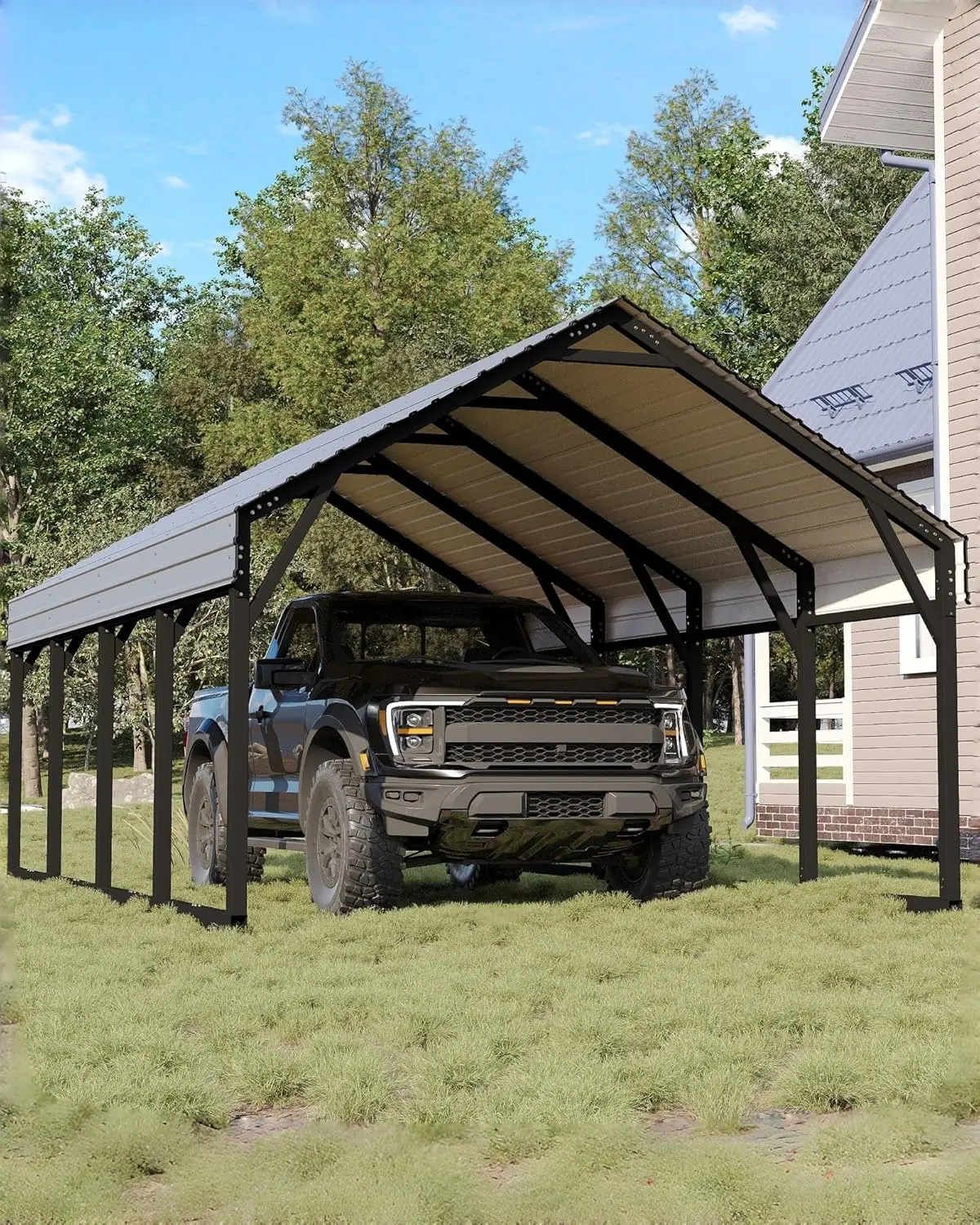 12x20 ft Metal Carport, Reinforced Frame and Steel Roof for All-Weather Use, Permanent Shelter for Bass Boats